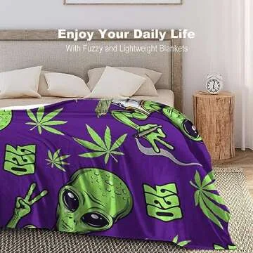 Lightweight Flannel Blanket for Men Boys, Compatible with Alien Cannabis Pattern, Small Large Warmer Fall Throw Blanket, Cute Fleece Blanket for Couch Bed Sofa Chair, Queen King Size Blankets