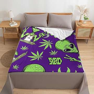 Lightweight Flannel Blanket for Men Boys, Compatible with Alien Cannabis Pattern, Small Large Warmer Fall Throw Blanket, Cute Fleece Blanket for Couch Bed Sofa Chair, Queen King Size Blankets