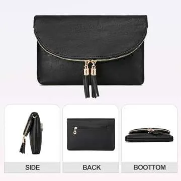 Solene Women's Envelop Clutch Crossbody Bag With Tassels Accent (WU075-Black)