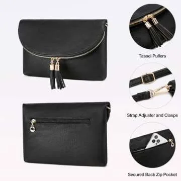 Solene Women's Envelop Clutch Crossbody Bag With Tassels Accent (WU075-Black)