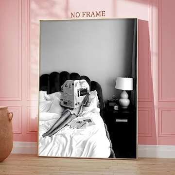 Vintage Newspaper Wall Art Black and White Women Posters News Headline Print Trendy Wall Art Fashion Girly Posters Funky Bathroom Pictures Woman Reading Newspaper Art Prints for 16x24inch No Frame