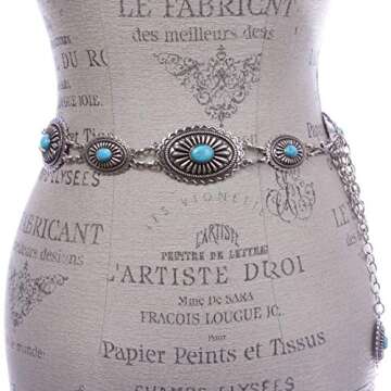 Women's Western Oval Turquoise Stone Concho Chain Belt, Silver | One Size