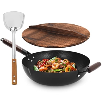 Cookeriess Hand Hammered Carbon Steel Wok, Wooden Lid & Asian Spatula with Wooden Handle - Stir Fry ...