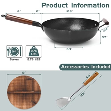 Cookeriess Hand Hammered Carbon Steel Wok, Wooden Lid & Asian Spatula with Wooden Handle - Stir Fry Pan for Chinese, Japanese, and Cantonese Cuisine – Flat Bottom Wok for Asian Cooking by Cookeries