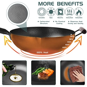Cookeriess Hand Hammered Carbon Steel Wok, Wooden Lid & Asian Spatula with Wooden Handle - Stir Fry Pan for Chinese, Japanese, and Cantonese Cuisine – Flat Bottom Wok for Asian Cooking by Cookeries
