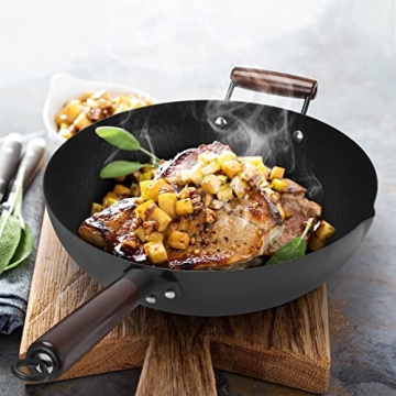 Cookeriess Hand Hammered Carbon Steel Wok, Wooden Lid & Asian Spatula with Wooden Handle - Stir Fry Pan for Chinese, Japanese, and Cantonese Cuisine – Flat Bottom Wok for Asian Cooking by Cookeries