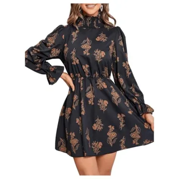 Floerns Women's Mock Neck Long Sleeve Floral Ruffle Dress - Black Multi M