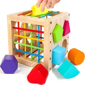 HELLOWOOD Montessori Toys for 1+ Year Old, Wooden Sorter Cube with 8pcs Rattling Shapes, Development...