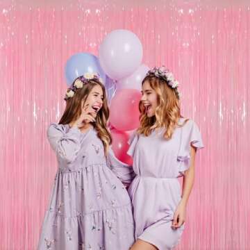 GOER Candy Pink Metallic Tinsel Foil Fringe Curtain 3.2 x 8.2 ft