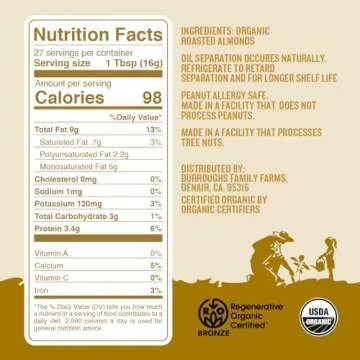 Burroughs Family Farms Regenerative Organic Creamy Almond Butter - Roasted Almond Butter with 0% Sod...