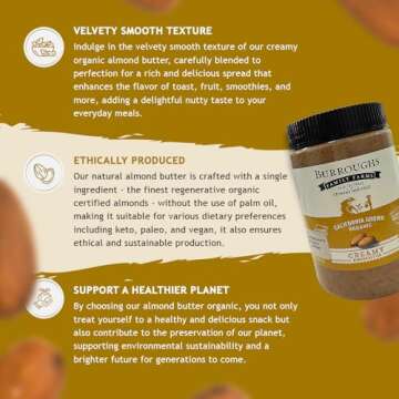 Burroughs Family Farms Regenerative Organic Creamy Almond Butter - Roasted Almond Butter with 0% Sodium & Cholesterol - Plant Based Almond Butter for Keto, Paleo, Vegan Lifestyles - 16 oz Plastic Jar