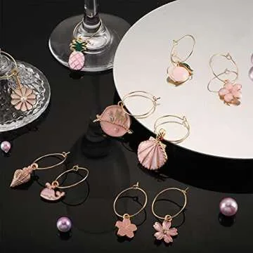 Hicarer 31 Set Wine Glass Charms Funny Wine Charms for Stem Charms for Glasses Mixed Markers Charms with Gold Rings for Summer Christmas Wedding Tasting Party Decorations