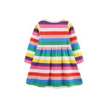HILEELANG Toddler Girls Long Sleeve Dress Cotton Casual Fall Autumn Rainbow Stripe Jersey Shirt Dres...