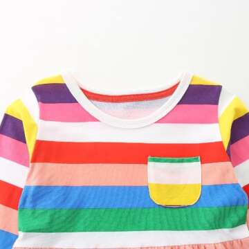 HILEELANG Toddler Girls Long Sleeve Dress Cotton Casual Fall Autumn Rainbow Stripe Jersey Shirt Dresses 4T