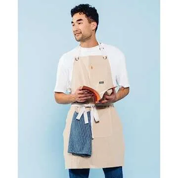 Caldo Linen Kitchen Apron for Cooking- Mens and Womens Linen Bib Apron for Professional Chef, Server, or Barista- Adjustable with Pockets (Bone)