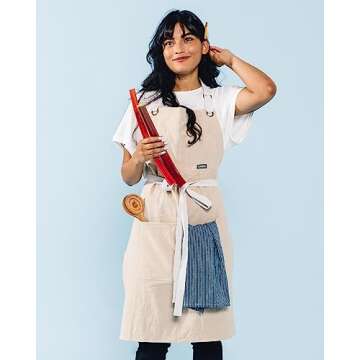 Caldo Linen Kitchen Apron for Cooking- Mens and Womens Linen Bib Apron for Professional Chef, Server, or Barista- Adjustable with Pockets (Bone)