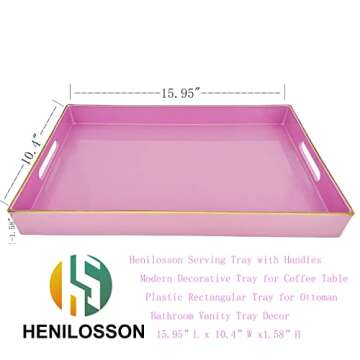 Henilosson Serving Tray with Handles, Modern Decorative Tray for Coffee Table, Plastic Rectangular Tray for Ottoman, Bathroom Vanity Tray, Decor, 15.95” x 10.4” x1.58” (Pink+GL)