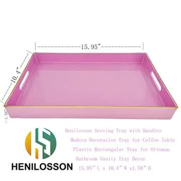 Henilosson Serving Tray with Handles, Modern Decorative Tray for Coffee Table, Plastic Rectangular Tray for Ottoman, Bathroom Vanity Tray, Decor, 15.95” x 10.4” x1.58” (Pink+GL)