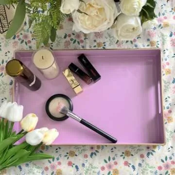 Henilosson Serving Tray with Handles, Modern Decorative Tray for Coffee Table, Plastic Rectangular Tray for Ottoman, Bathroom Vanity Tray, Decor, 15.95” x 10.4” x1.58” (Pink+GL)