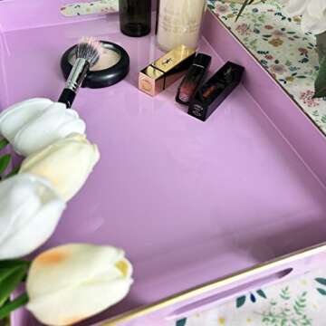 Henilosson Serving Tray with Handles, Modern Decorative Tray for Coffee Table, Plastic Rectangular Tray for Ottoman, Bathroom Vanity Tray, Decor, 15.95” x 10.4” x1.58” (Pink+GL)