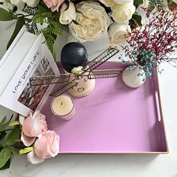 Henilosson Serving Tray with Handles, Modern Decorative Tray for Coffee Table, Plastic Rectangular Tray for Ottoman, Bathroom Vanity Tray, Decor, 15.95” x 10.4” x1.58” (Pink+GL)