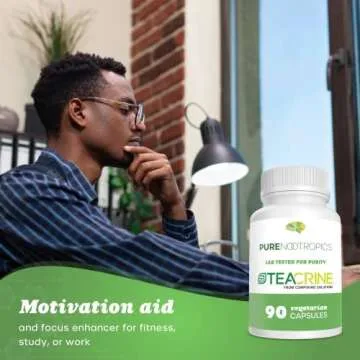 Pure Nootropics Theacrine (TeaCrine) 100 mg Veg Capsules | 90 Count | Non Habit Forming Energy Supplement | Caffeine Alternative | Mental, Physical, Motivation, and Focus Enhancer Pills