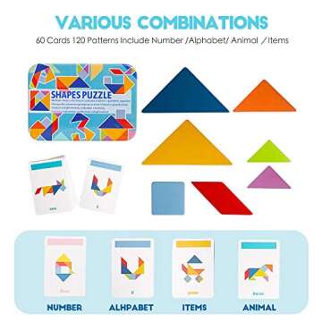 Wooden Montessori Puzzle Blocks Colorful Tangrams Sorting and Stacking Jigsaw STEM Early Learning Travel Game Educational Gift for Kid Toddlers Boys Girls Age 3+(120 Pieces and 60 Cards in Iron Box)