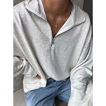 LAVASEON Womens Oversized Half Zip Lapel Sweatshirt Solid Color Casual Long Sleeve Cropped Pullover Top Lightgrey