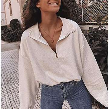 LAVASEON Womens Oversized Half Zip Lapel Sweatshirt Solid Color Casual Long Sleeve Cropped Pullover Top Lightgrey
