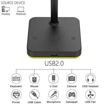 KAFRI RGB Headphone Stand with USB Hub Desk Gaming Headset Holder Hanger Rack with 1 USB2.0 Extension Charging Port Extender Cord - Suitable for Gamer Desktop Table Game Earphone Accessories, Black