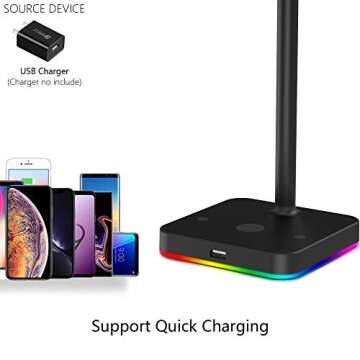 KAFRI RGB Headphone Stand with USB Hub Desk Gaming Headset Holder Hanger Rack with 1 USB2.0 Extension Charging Port Extender Cord - Suitable for Gamer Desktop Table Game Earphone Accessories, Black