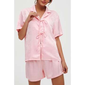 CHYRII Women's Silk Satin Jacquard Pajamas Sets Tie Front Short Sleeve Tops and Shorts Two Piece Pj Sets Sleepwear Heart Print Pink Love XL