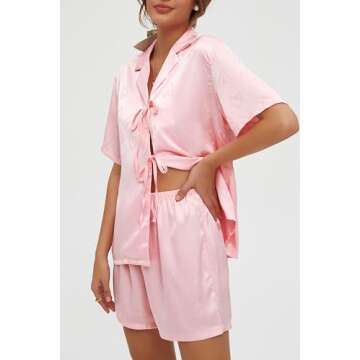 CHYRII Women's Silk Satin Jacquard Pajamas Sets Tie Front Short Sleeve Tops and Shorts Two Piece Pj Sets Sleepwear Heart Print Pink Love XL
