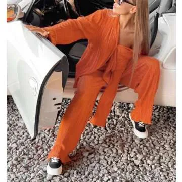 Lizxun Women 's Casual 2 Piece Outfits, Long Sleeve Button Down Pleated Shirt + Pants Set Streetwear