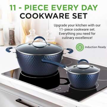 NutriChef 11 Pc Blue Diamond Nonstick Ceramic Cookware Set - Durable Pots and Pans with Cool-Touch H...