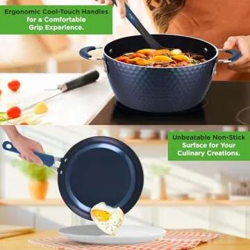 NutriChef 11 Pc Blue Diamond Nonstick Ceramic Cookware Set - Durable Pots and Pans with Cool-Touch Handles, Lids, Utensils