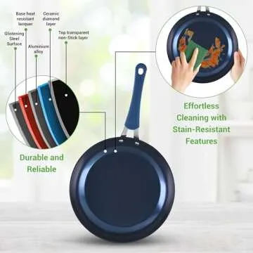 NutriChef 11 Pc Blue Diamond Nonstick Ceramic Cookware Set - Durable Pots and Pans with Cool-Touch Handles, Lids, Utensils