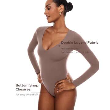 INLYRIC Women's Natrelax V Neck Long Sleeve Bodysuit Sexy Thong Body suits Tops Double Lined Brown Purple X-Large