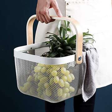 AJIODA 3 Pack Metal Mesh Steel Basket, Storage Organizer Basket Multi-function Hanging Kitchen Baskets Fruit Basket Bin with Wood Handle for Kitchen Bathroom Picnic Cabinet Home Decor, 3PCS-White