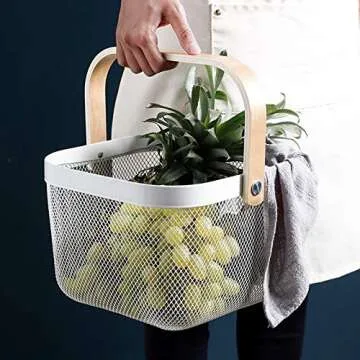 AJIODA 3 Pack Metal Mesh Steel Basket, Storage Organizer Basket Multi-function Hanging Kitchen Baskets Fruit Basket Bin with Wood Handle for Kitchen Bathroom Picnic Cabinet Home Decor, 3PCS-White