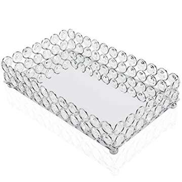 HighFree Mirrored Crystal Cosmetic Tray Vanity Makeup Tray Ornate Jewelry Trinket Tray Organizer Perfume Tray Decorative Tray for Home Deco, Rectangle-10x6 Inch (Silver)