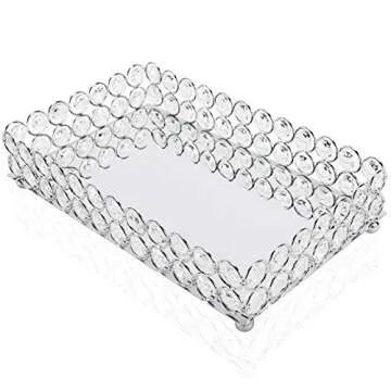 HighFree Mirrored Crystal Cosmetic Tray Vanity Makeup Tray Ornate Jewelry Trinket Tray Organizer Perfume Tray Decorative Tray for Home Deco, Rectangle-10x6 Inch (Silver)