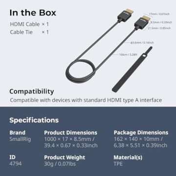 SMALLRIG Ultra Thin HDMI 2.0 Cable 100cm / 3.28Ft (A to A), 4K Super Flexible Slim Cord/Cable, High Speed Supports 3D, 4K@60Hz, Ethernet, ARC Type-A Male to Male for Camera, Monitor, Gimbal - 4794