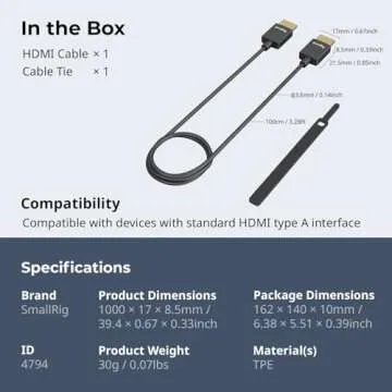 SMALLRIG Ultra Thin HDMI 2.0 Cable 100cm / 3.28Ft (A to A), 4K Super Flexible Slim Cord/Cable, High Speed Supports 3D, 4K@60Hz, Ethernet, ARC Type-A Male to Male for Camera, Monitor, Gimbal - 4794