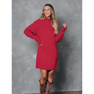 LILLUSORY Women's Mock Neck Sweater Dress Long Lantern Sleeve Oversized 2023 Winter Casual Ribbed Knit Tunic Sweater Red