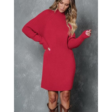 LILLUSORY Women's Mock Neck Sweater Dress Long Lantern Sleeve Oversized 2023 Winter Casual Ribbed Knit Tunic Sweater Red