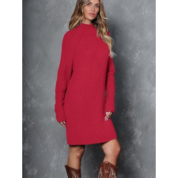 LILLUSORY Women's Mock Neck Sweater Dress Long Lantern Sleeve Oversized 2023 Winter Casual Ribbed Knit Tunic Sweater Red