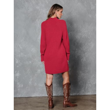 LILLUSORY Women's Mock Neck Sweater Dress Long Lantern Sleeve Oversized 2023 Winter Casual Ribbed Knit Tunic Sweater Red