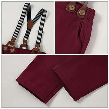 YALLET Toddler Baby Boy Clothes Suit Gentleman Outfits Formal Dress Shirt + Bowtie + Suspender Pants Wedding Party(L Red-checkered, 4-5T)