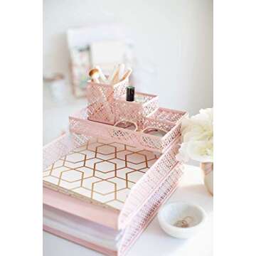 BLU MONACO Pink Desk Organizer Set for Women – 6-Piece Interlocking Office Supplies Set, Pen Cup, 3 Accessory Trays & 2 Letter Trays, Pink Room Decor for Women & Teen Girls